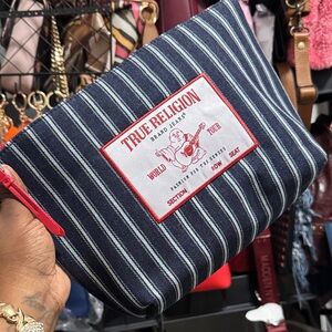 True Religion Navy and White Striped Toiletry/makeup Pouch with Red Trim